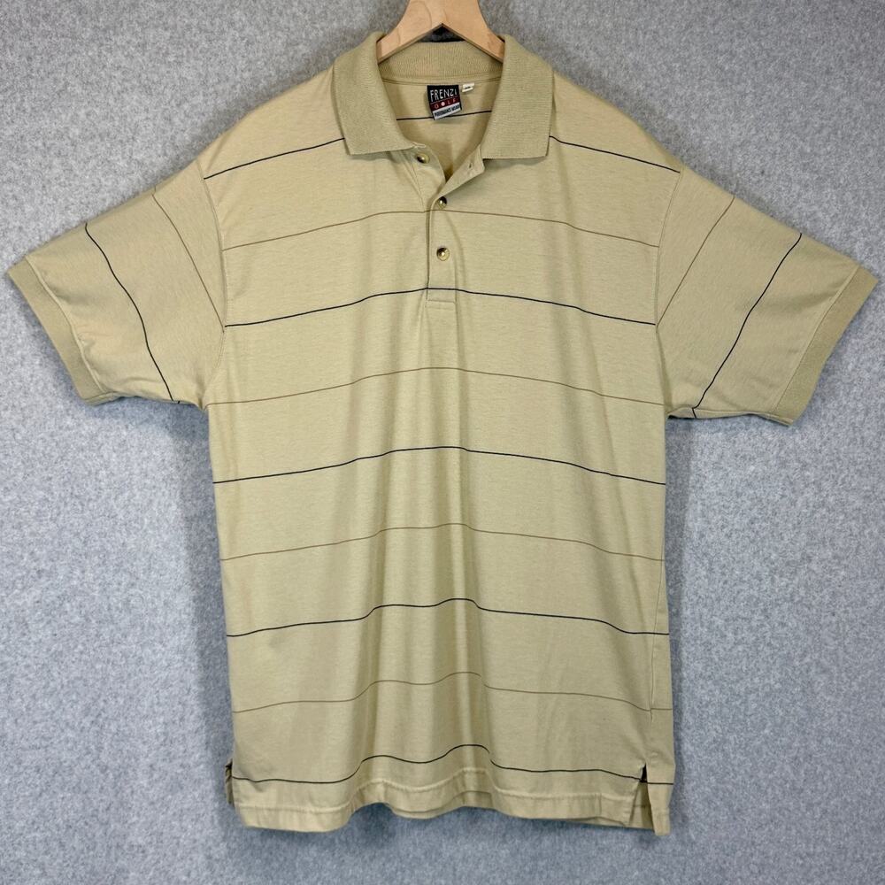 Frenzi Golf Mens Performance Wear Polo Shirt XL Tan Striped Short Sleeve